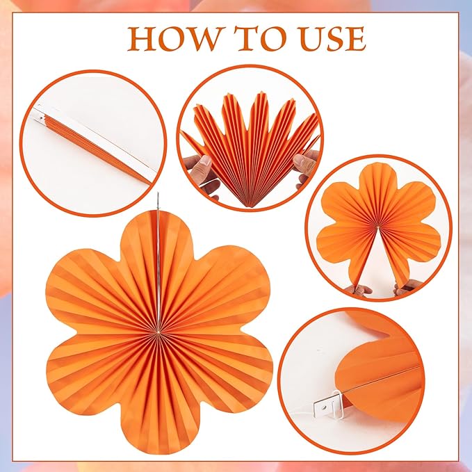 SUNBEAUTY Paper Flowers Decorations Pink and Orange for Wall Paper Fans Classroom Decoration Paper Floral Backdrop Decor Paper Fans Decor Hanging Paper Fans Orange Flower Wall Decor Set of 9