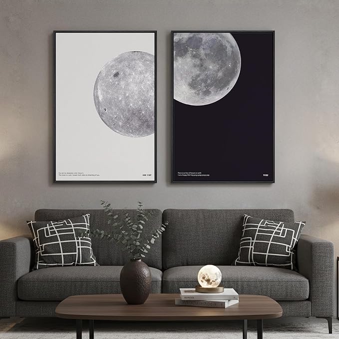 Large Framed Black and White Moon Wall Art, 2 Piece the Moon Canvas Art Prints, Minimalist Lunar Pictures for Living Room Bedroom Dining Room Hallway Home Office Wall Decor 24x36 In