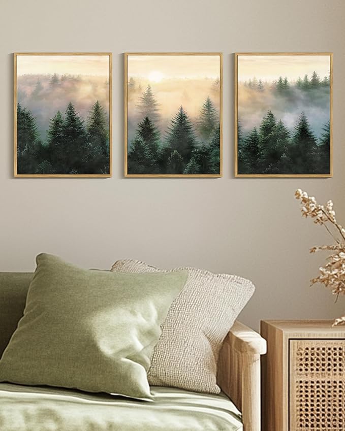 Drsoum Green Fog Pine Tree Landscape Wall Art Framed Nature Misty Nordic Forests Prints Morden Farmhouse Rustic Artwork Hallway Bedroom Ready to Hang 11x14in Natural Framed