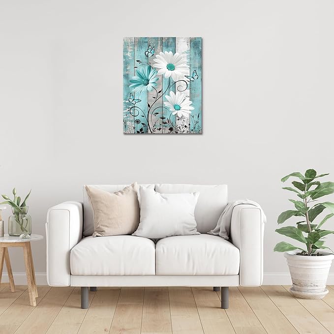 MYUSRE Farmhouse Teal Floral Wall Art for Bathroom, Turquoise Daisy and Butterfly on Retro Wood Canvas Wall Art Wildflower Nature Plant Pictures for Bedroom Living Room Wall Decor, 16L X 12W inches
