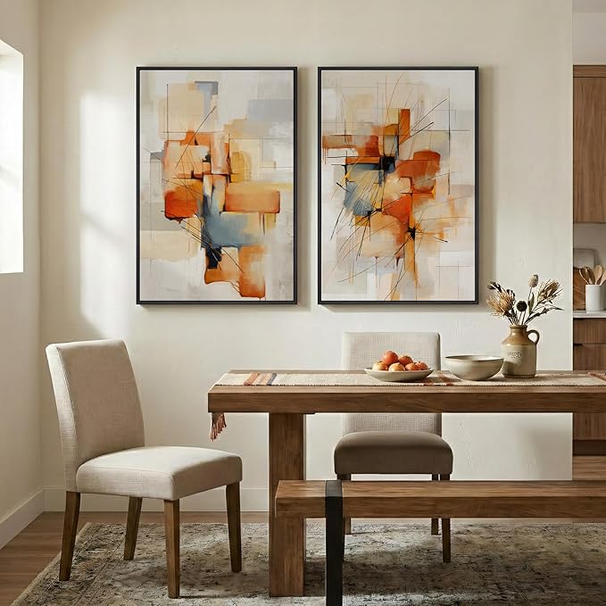 Large Framed Abstract Canvas Wall Art, 2 Piece Modern Prints Paintings Artwork for Walls, Minimalist Blue Orange Block Pictures for Living Room Dining Room Bedroom Hallway Wall Decor 24x36 In