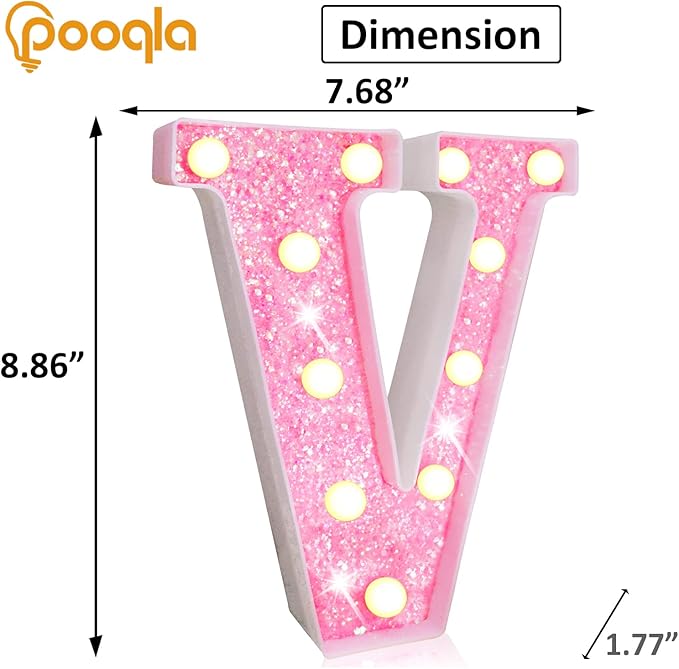 Pooqla LED Marquee Letter Lights, Pink Glitter Light Up Letters Alphabet Sign Battery Powered Night Light, Birthday Party Wedding Girls Gifts, Christmas Room Dorm Bedroom Decoration, Pink Letter V