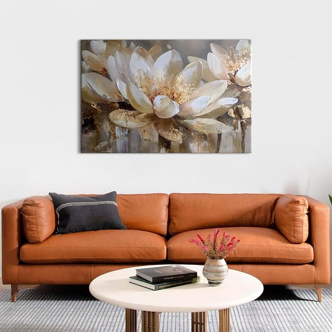 Zen Wall Art Abstract Lotus Wall Decor for Bedroom Spiritual Meditation Paintings Picture White and Gold Flowers Canvas Prints Minimalist Floral Artwork for Living Room Office Decorations 32x48"