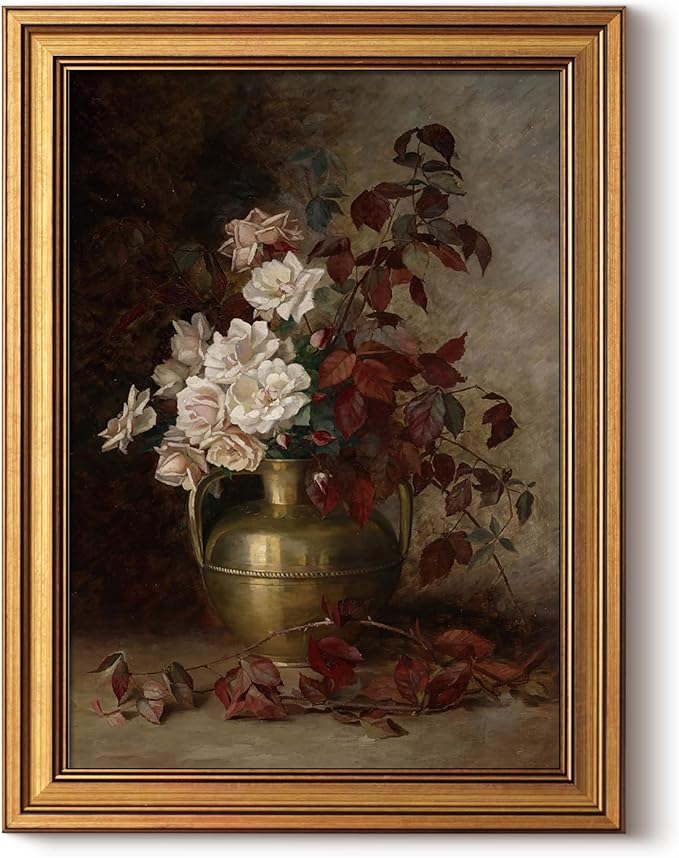 ARPEOTCY Gold Framed Canvas Wall Art, 12x16inch, Classical Rose Art Prints, Vintage Decor for Bathroom Kitchen Dining Room Entryway, Country Autumn Fall Shelf Decor,Small