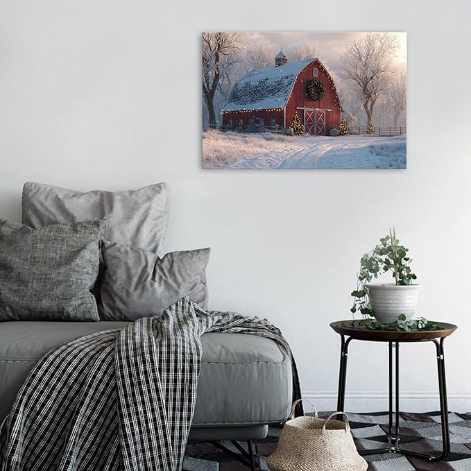 Christmas Farmhouse Canvas Wall Art Red Barn Poster Rustic Snow Country Pictures Wall Decor Winter Scenic Painting Artwork Christmas Tree Prints Picture for Kitchen Dining Room Home Decorations 16x24"