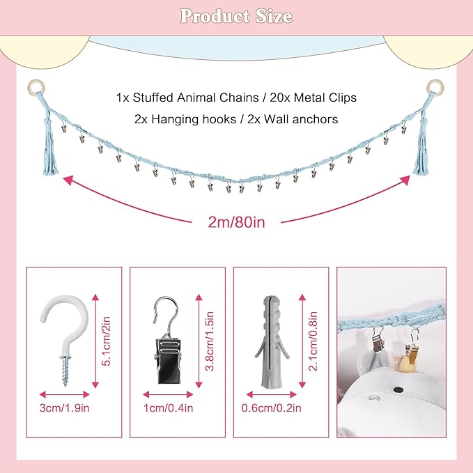 80" Cotton Hanging Storage Chain For Stuffed Animals Storage with 20 Metal Clips, Stuffed Animal Organizer Chain for Wall Corner Nursery Play Room, Baby Blue