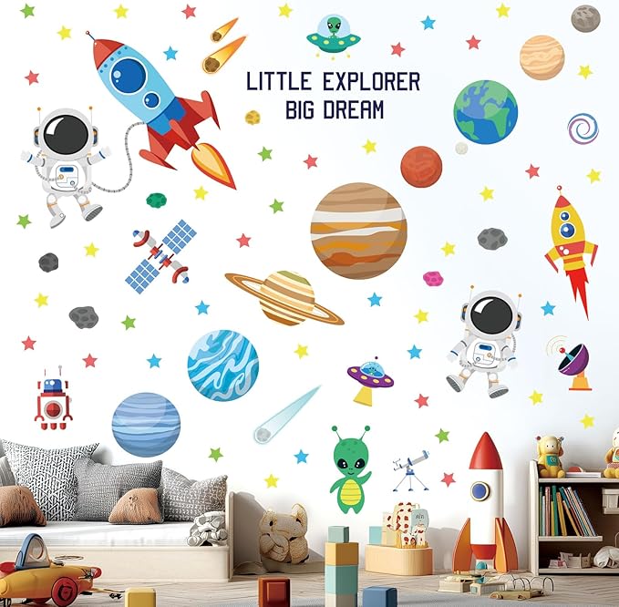 DECOWALL DS9-8058 Outer Space Wall Decals Stickers Kids Bedroom Room décor Nursery Boys Galaxy Stars Astronaut Planets Solar System Dark Removable Decoration Living Spaceship Window Art Mural Peel