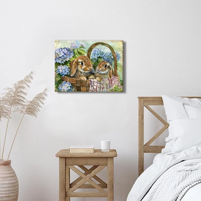 Bunny Wall Art Decor Cute Rabbits Flowers Canvas Prints Pictures for Kitchen Dining Room Decor Rustic Animals Floral Painting Vintage Farmhouse Easter Artwork for Bedroom Home Decorations 12x16"