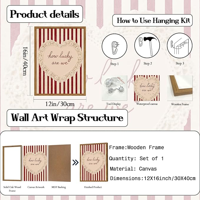 Framed How Lucky Are We Wall Art, Vintage Red Striped Pictures Wall Decor, Romantic Lace Heart Quote Paintings Canvas Prints Coquette Home Decor for Living Room Bedroom Bathroom 12x16 inch