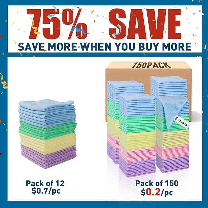 Microfiber Towels Bulk-150 Pack, Cleaning Cloths, Microfiber Towels for Cars, Cleaning Rags 5 Colors Assorted (12x12 inches)