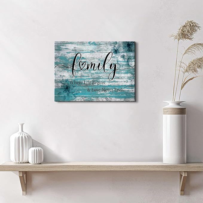 Family Wall Decor Teal Bathroom Decor for Living Room Dining Room Rustic Family Signs for Home Decor Wall Turquoise Inspirational Quotes Canvas Prints Farmhouse Painting Artwork Home Decoration 12x16"
