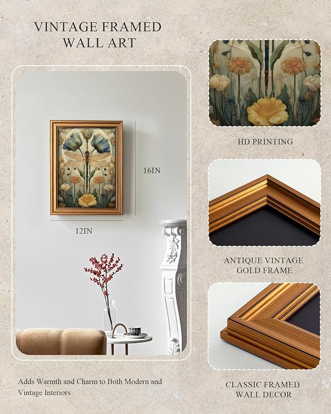 InSimSea Gold Framed Canvas Prints Wall Art, Vintage Floral Decor, Classical Dragonfly Flower Paintings Farmhouse Wall Decor Aesthetic, Antique Pictures for Bedroom Living Room Shelf, 12x16inch