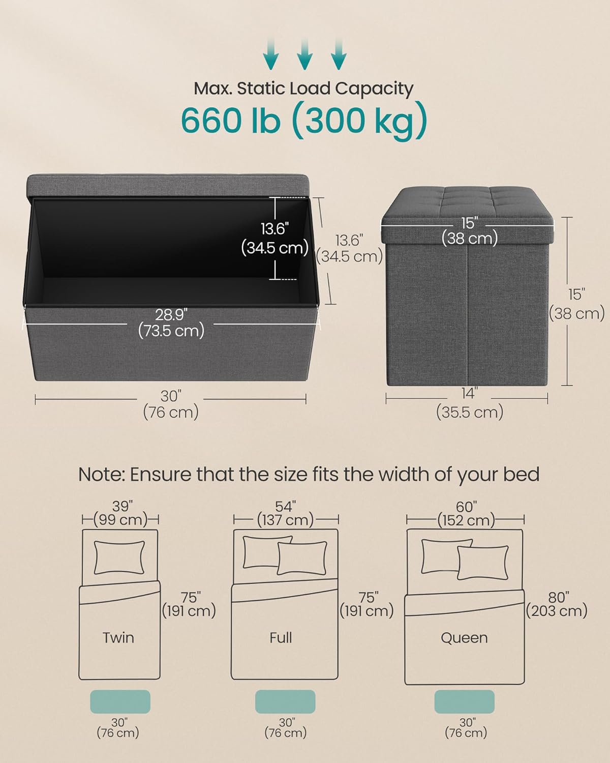 SONGMICS MAZIE Collection - 30 Inches Folding Storage Ottoman Bench, Ottoman Foot Rest, End of Bed Bench, Storage Chest, Load 660 lb, for Living Room, Bedroom, Entryway, Dark Gray ULSF47K