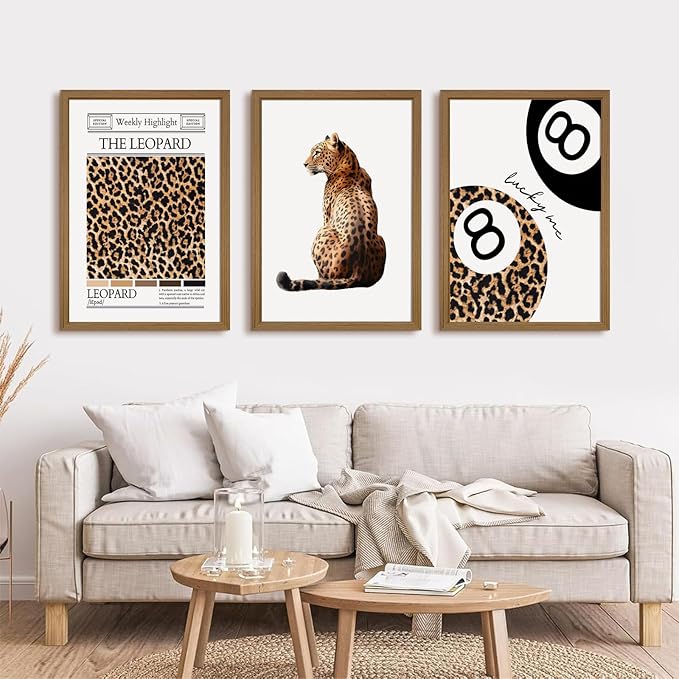 Trendy Leopard Wall Art Cheetah Print Canvas Wall Decor 8 Ball Poster Preppy Room Aesthetic Pictures Funky Coquette Vintage Prints Y2k Fashion Lucky Posters for Bedroom 16x24x3 Inch Framed