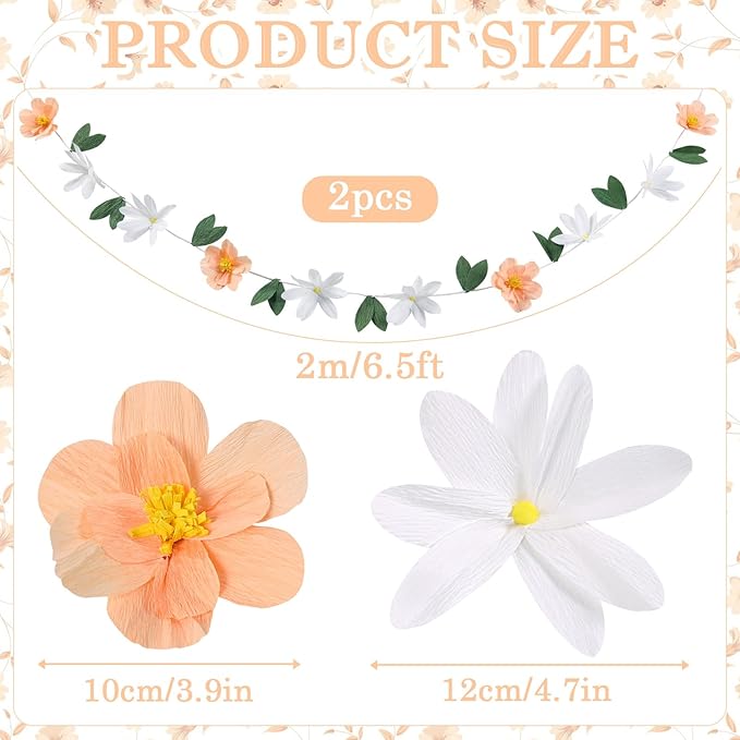 2Pcs Crepe Paper Flower Garlands, Handcrafted Hanging Flower Garland, Spring Flower Party Banners for Nursery Birthday Baby Shower Wedding Backdrop Decorations Supplies