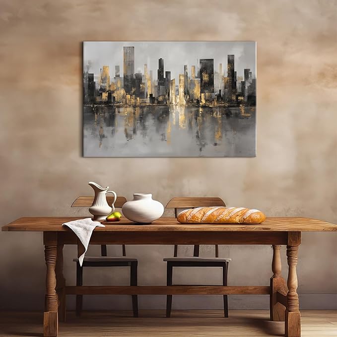 Abstract New York Skyline Wall Art Modern Black and Gold City Canvas Prints NYC Skyline Paintings Grey Contemporary Cityscape Framed Artwork for LIving Room Bedroom Office Home Decorations 32x48