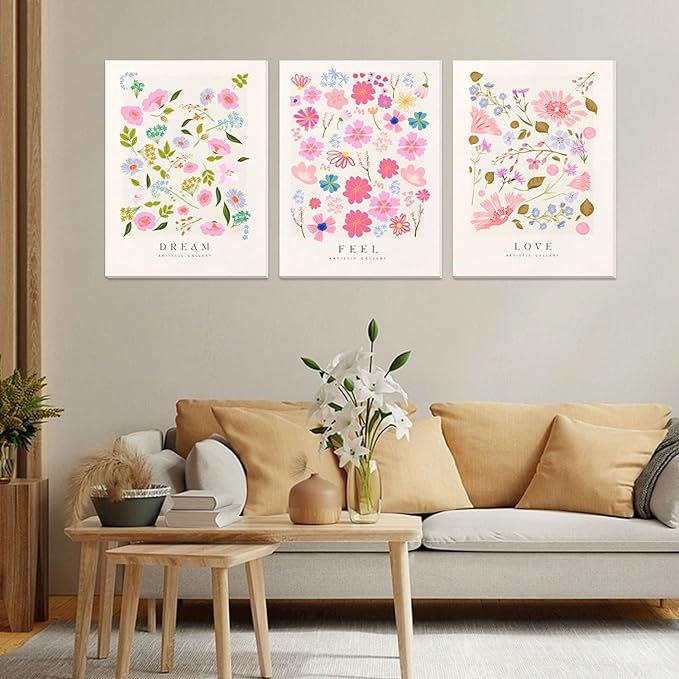 Djmwtb 3 Piece Canvas Wall Art Floral Wall Decor Flower Market Prints Pastel Paintings Pictures for Bedroom Bathroom Artwork 12x16in Framed