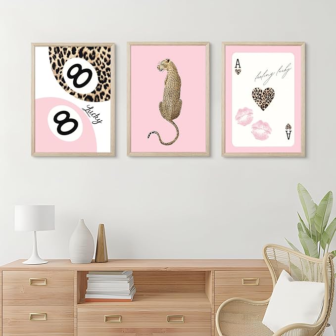 Trendy Leopard Wall Art Cheetah Print Canvas Wall Decor 8 Ball Poster Preppy Room Aesthetic Pictures Funky Coquette Vintage Prints Y2k Fashion Lucky Posters for Bedroom 16x24x3 Inch Framed