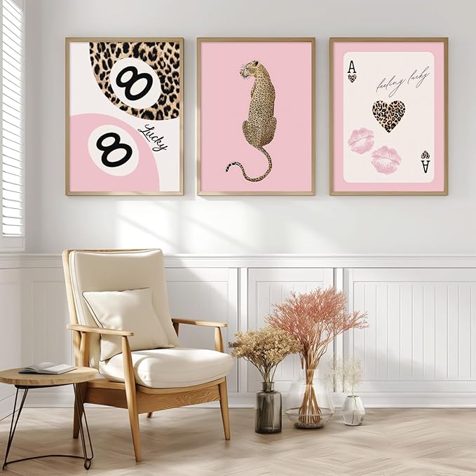 Lhoiplme Cheetah Trendy Wall Art Preppy Leopard Canvas Print Cheetah Room Wall Decor 8 Ball Poster Y2k Pink Coquette Luxury Print Lucky Aesthetic Fashion Pictures for Bedroom 16x24x3 Inch Unframed