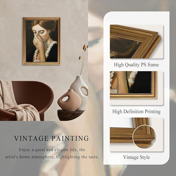 Aroutde Framed Funny Bathroom Canvas Wall Art, Gold Framed Toilet Paint Classical Mid Century Style Wall Decor Humorous Woman Covering Nose Printing for Restroom (24L''x16W'')