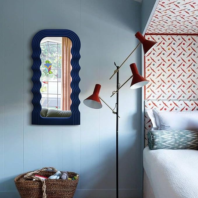 Funky Wall Mirror Decor for Hallway Entryway, 14x28 Asymmetrical Decorative Mirrors for Home Office Living Room, Maximalist Home Decor for Housewarming Christmas Wedding Gift (Dark Blue)