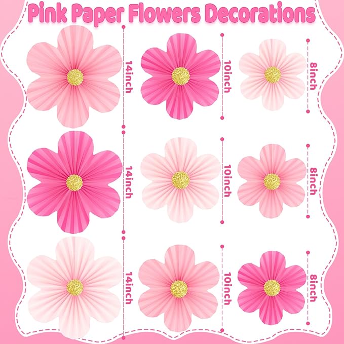 Pink Paper Flowers Decorations for Wall Hot Pink Birthday Decorations 9pcs with 9 Gold Glitter Floral Centers Paper Fans Floral Backdrop Flower Wall Decor for Classroom Wedding Baby Shower,Paper Guide
