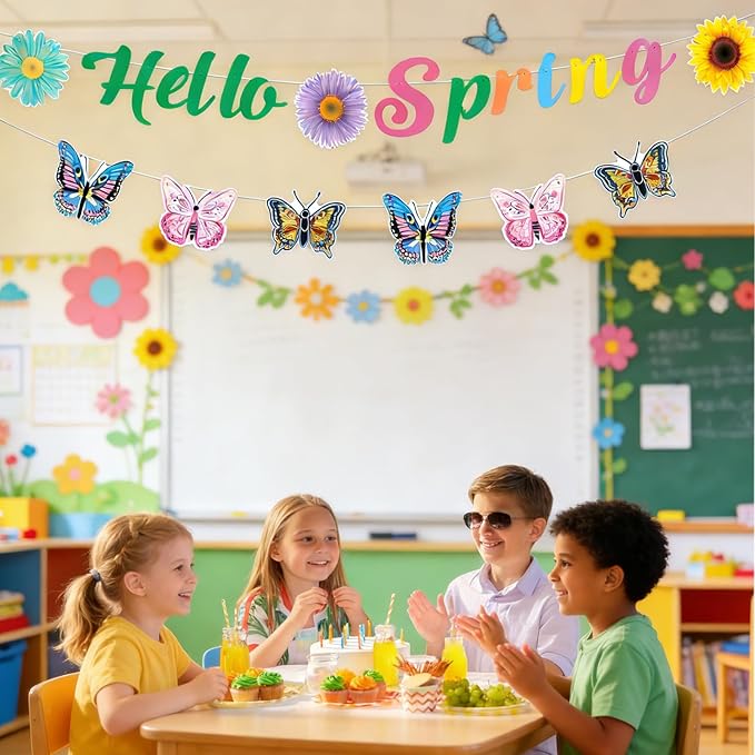 Hello Spring Banner and Butterfly Garland Set Spring Classroom Decor, Garlands for Mantle & Home Decor, Colorful Floral Butterfly Spring Banner for Party, Classroom, Mantel, Wall & Porch Decor