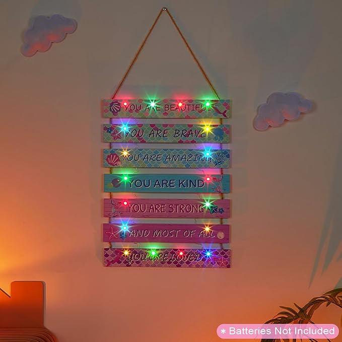 FIOBEE Girls Room Décor for Teen Girls Boys with LED Light Wall Decor for Bedroom Motivational Inspirational Wall Art Room Decoration for Kids Studyroom, 8 Kinds of Lights, Pink Green Mermaid