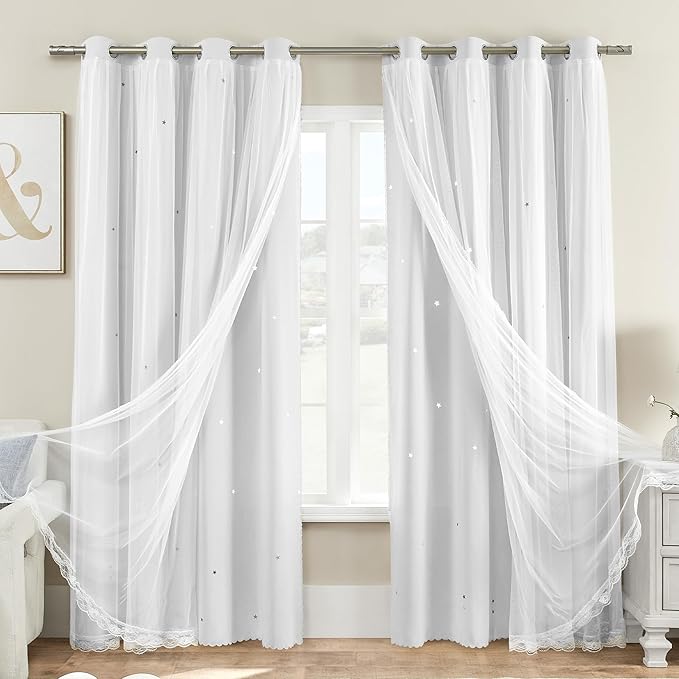 XiDi White Curtains for Girls Bedroom 80% Blackout Double Layer Curtains with Sheer Overlay for Nursery Kids Room Star White Drapes with Tiebacks Grommet Window Treatment 2 Panels W34 X L72