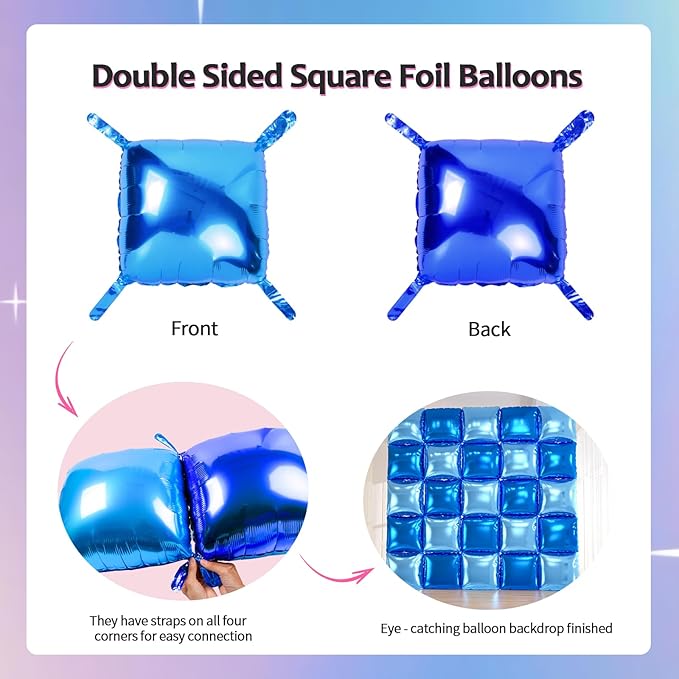 25pcs Royal & Light Blue Foil Square Balloon Wall with 149pcs White and Blue Confetti Balloons Arch Kit, Double Sided Balloon Tunnel with Star Balloons for Birthday, Class of Graduation Backdrop