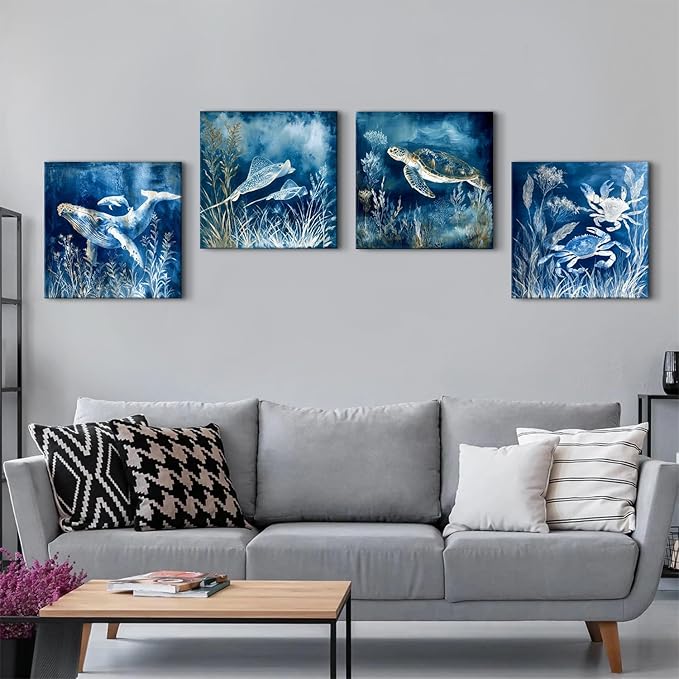 Ocean Beach Wall Art Blue Coastal Room Decor Nautical Canvas Prints Sea Turtle Whale Crab Stingray Pictures Paintings Underwater Marine Posters Artwork for House Beachy Bedroom Decoration 16x16” 4Pcs