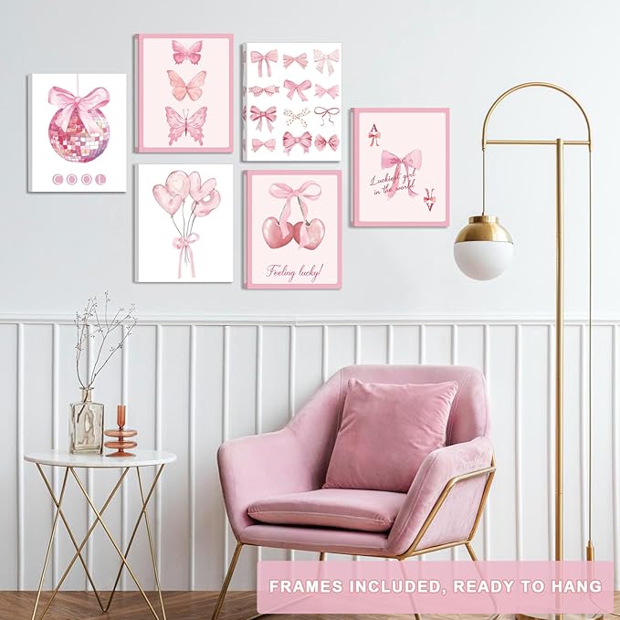 Framed Preppy Bows Wall Art, Pink Bow Girly Wall Decor for Bedroom Aesthetic, Preppy Bow Pictures for Girls Bedroom College(Ready to Hang, Set of 6, 8X10in, Framed)