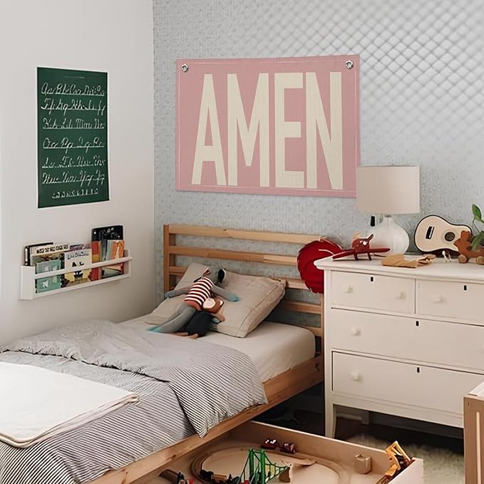 Pink "AMEN" Wall Art 20x30 Inch - Coquette Christian Decor, Girls Bedroom Hanging, Linen Prayer Banner, Nursery Faith Sign, Blush Religious Gift, Church Baptism Decor