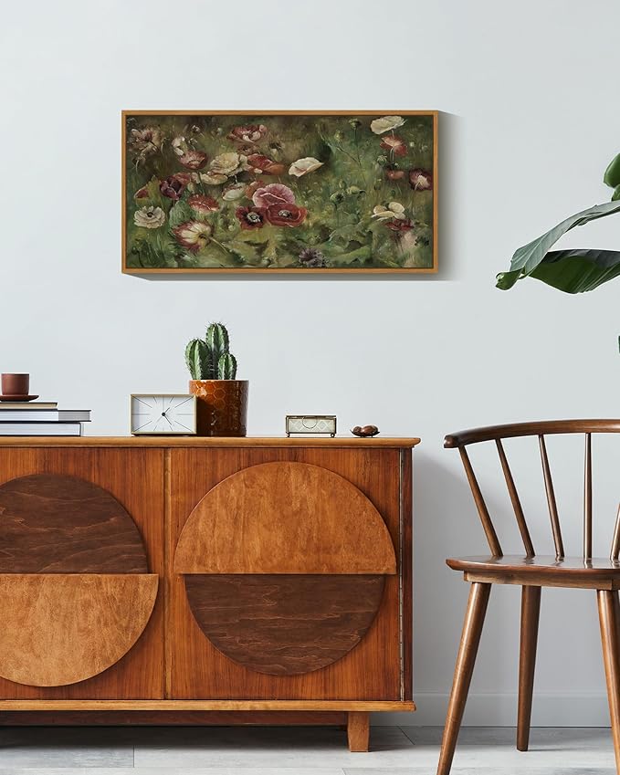 SHENIFY Vintage Framed Wall Art Poppies Flower Landscape Painting Retro Red Floral Scenery Farmhouse Kitchen Living Room Decor - 8x16in Natural Framed