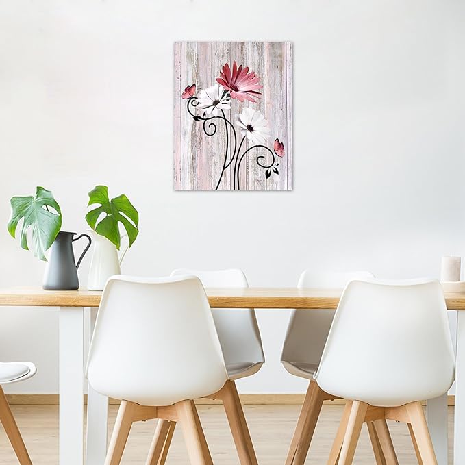 HVEST Pink Daisy Wall Art Vintage Flower and Butterfly on Rustic Wooden Abstract Painting Farmhouse Plant Wall Art for Bathroom Living Room Bedroom Kitchen Decor Ready to Hang, 10Lx8W Inches
