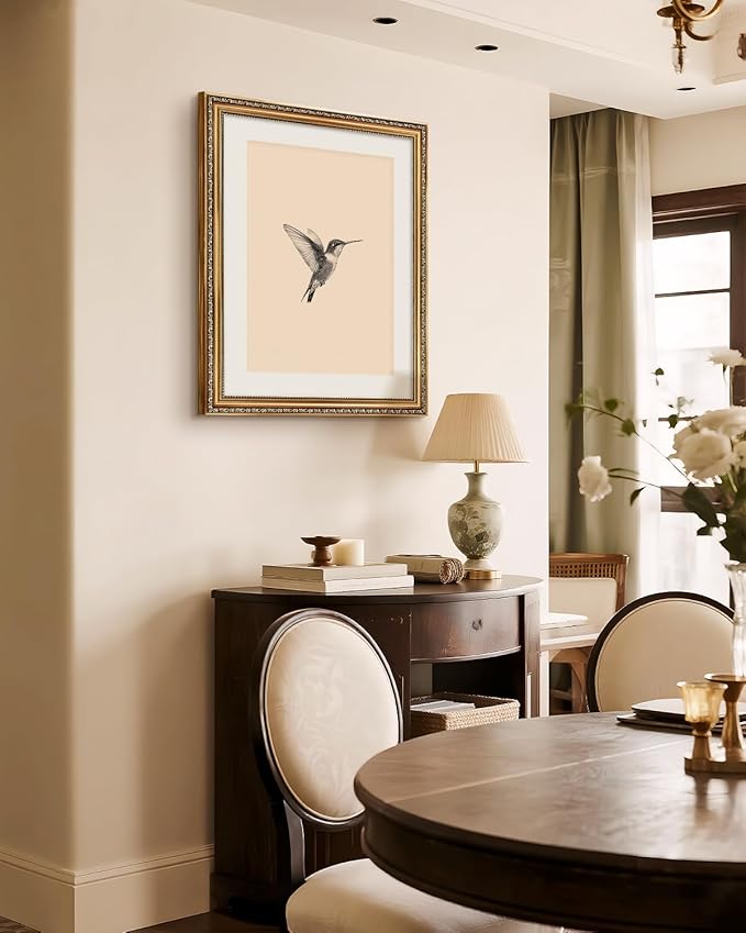 VIYYIEA Gold Framed Elegant Hummingbird Sketch Canvas Wall Art, Vintage Nature Illustration, Minimalist Cream Background Decor | No-Glass Design, Lightweight Anti-Glare Construction | 16x20 Inch