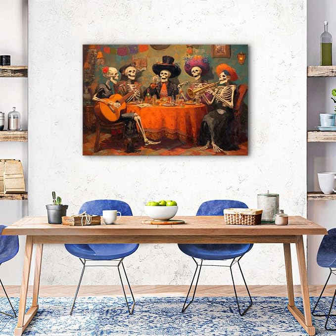 Funny Skull Canvas Wall Art Halloween Wall Decor Skeletons Party Painting Posters Watercolor Gothic Skulls Prints Pictures Halloween Artwork for Living Dining Room Kitchen Home Decorations 34x48"