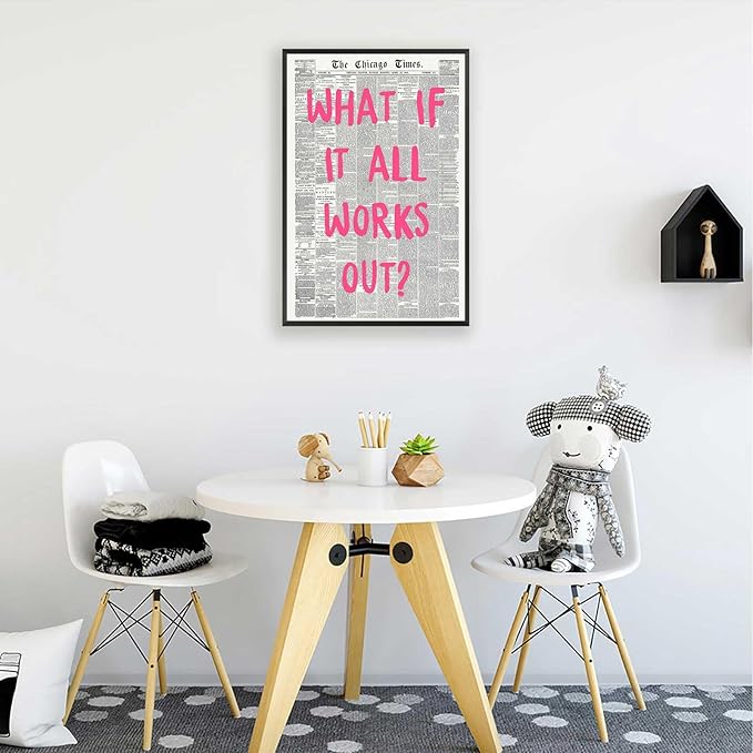 What If It All Works Out Poster Retro Newspaper Pink Font Canvas Wall Art Positive Affirming Quote Minimalist Prints Painting For Home Bedroom Dorm Wall Decor 8x12in Framed