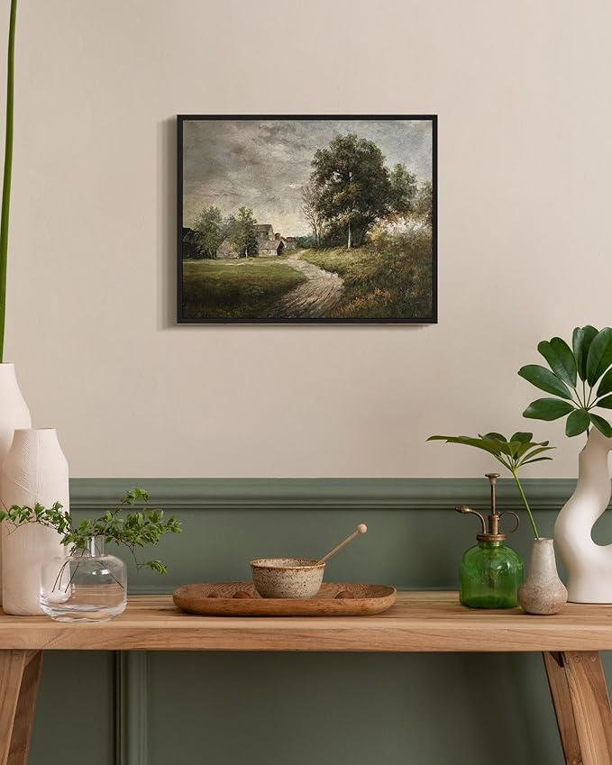 SHENIFY Vintage Landscape Framed Wall Art Rustic Cottage Countryside Farmhouse Decor Retro Painting for Kitchen Living Room Bedroom Bathroom - 8x10in Black Framed