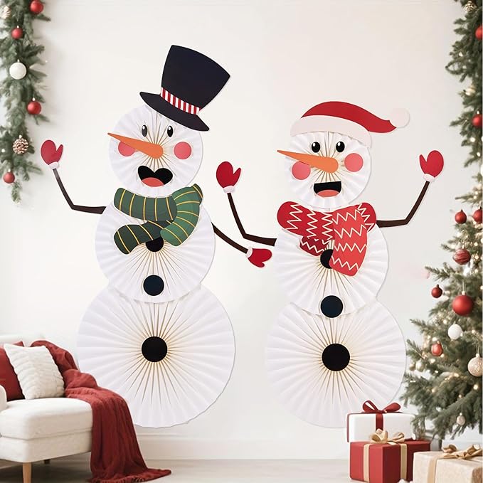 Christmas Hanging Paper Fans Decoration Classroom Christmas Decorations Xmas Bulletin Board Decorations with Fun Snowman for Xmas Holiday Winter Backdrops Wall Party Supply