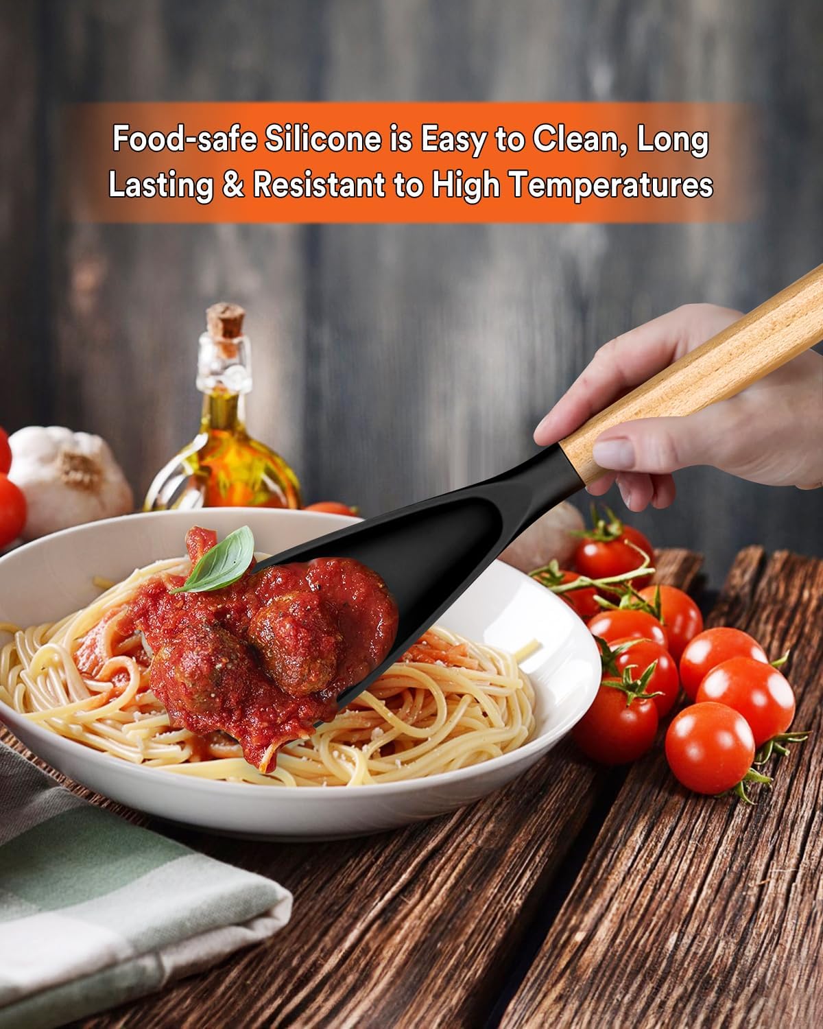Cooking Spoon for Nonstick Cookwares, Great for Cooking and Serving Sturdy BPA-Free Matte Silicone, Wood Handle Spoon for Mixing, Scoop, and Scrape (Black & Grey, 13.4 inch)