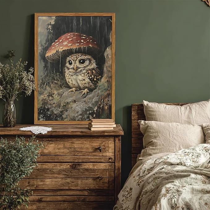 Framed Vintage Owl Canvas Wall Art, Cute Bird Mushroom Pictures Wall Decor, Cottagecore Forest Animal Paintings Prints Gothic Rustic Moody Home Decor for Living Room Bedroom Nursery 16x24 inch