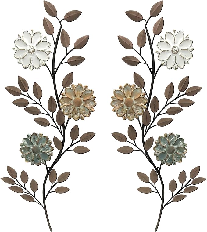 MorningRo 2 Pcs Metal Flower Leaves Wall Art, 15.75 Inch Spring Wall Decor, Vintage Leaf Wall Hanging, Rustic Wall Decor for Holiday Indoor Outdoor (Brown)