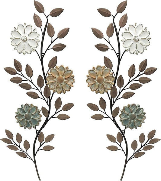 MorningRo 2 Pcs Metal Flower Leaves Wall Art, 15.75 Inch Spring Wall Decor, Vintage Leaf Wall Hanging, Rustic Wall Decor for Holiday Indoor Outdoor (Brown)
