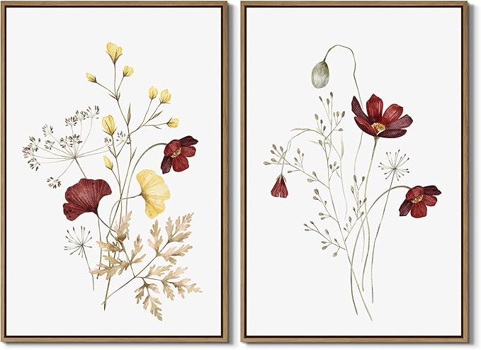 Watercolor Botanical Wall Art Prints Burgundy and Yellow Flower Pictures Wall Decor Colorful Floral Plants Painting Framed Aesthetic Poster for Home Office Kitchen Decoration 2 Pieces Set - 16x24 Inch