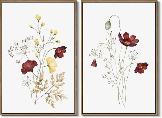 Watercolor Botanical Wall Art Prints Burgundy and Yellow Flower Pictures Wall Decor Colorful Floral Plants Painting Framed Aesthetic Poster for Home Office Kitchen Decoration 2 Pieces Set - 16x24 Inch