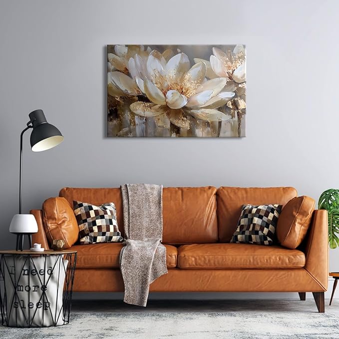 White and Gold Lotus Wall Art Floral Paintings Picture Wall Decor Abstract Zen Flowers Canvas Prints Spiritual Meditation Paintings Posters Minimalist Artwork Yoga Spa Bedroom Home Decoration 24x36"