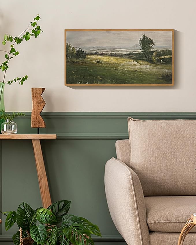 SHENIFY Vintage Framed Wall Art The Vast Grassland Wilderness Landscape Painting Retro Meadow Scenery Farmhouse Kitchen Living Room Decor - 8x16in Natural Framed