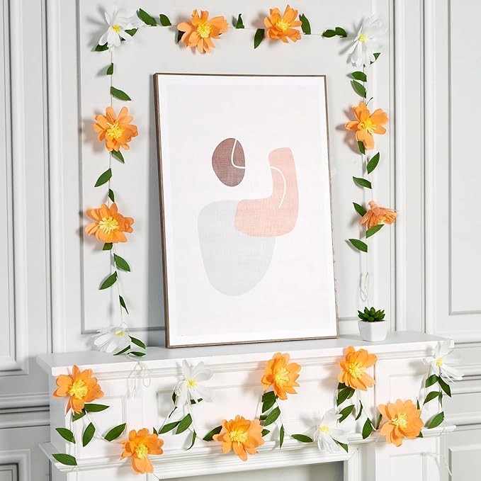 EASY JOY Crepe Paper Flowers Banner White Orange Floral Banner Spring Hanging Paper Flower Leaves Garlands for Spring Birthday Wedding Home Decorations