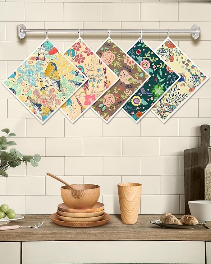 Swedish Dishcloths for Kitchen - 5 Pack Reusable Dish Cloths for Washing Dishes Absorbent Cute Funny Kitchen Towels Cleaning Sponge, Flower Bird